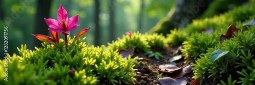 Moss covered forest floor with Coralroot orchid, coralroot, moss photo