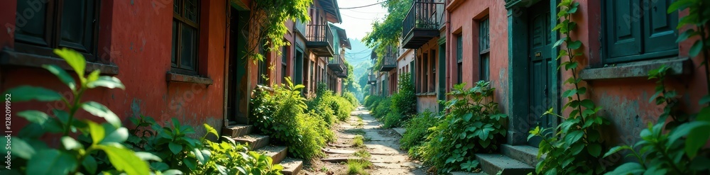 Overgrown and neglected narrow alley between row houses, litter, neglect Overgrown and neglected narrow alley between row houses, litter, neglect