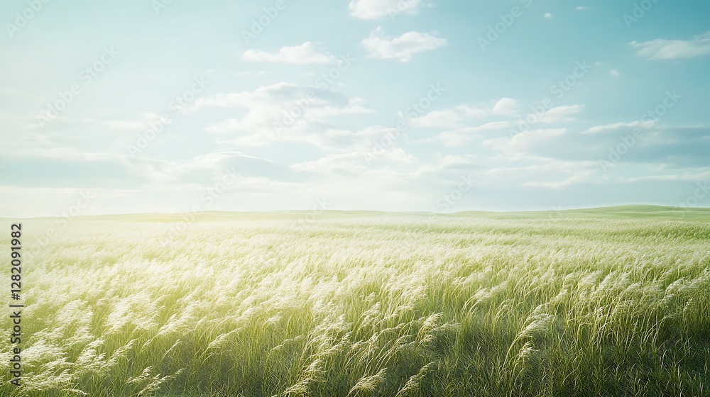 A serene prairie landscape with rolling fields of tall grass swaying in the breeze under a vast open sky A serene prairie landscape with rolling fields of tall grass swaying in the breeze under a vast open sky