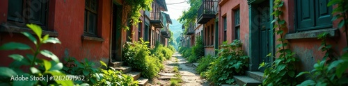 Overgrown and neglected narrow alley between row houses, litter, neglect