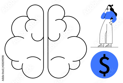 Brain and thoughtful person, blue dollar sign. Ideal for mental processes, decision-making, finance, brainstorming, business strategy, intelligence psychology. Abstract line flat metaphor