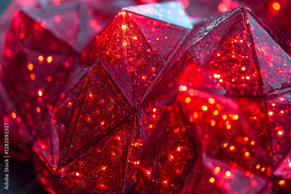 Close-up of a faceted red crystal structure reflecting sparkling lights, creating a dazzling and futuristic abstract texture with depth and brilliance Close-up of a faceted red crystal structure reflecting sparkling lights, creating a dazzling and futuristic abstract texture with depth and brilliance
