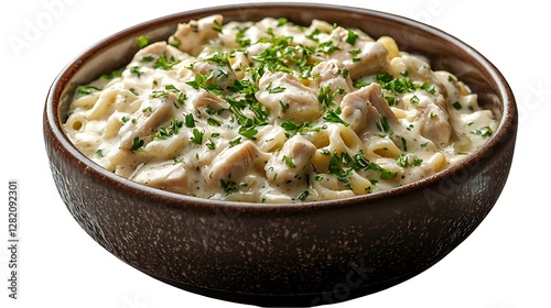 A bowl creamy chicken alfredo pasta, isolated on white background