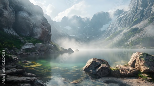 A serene alpine lake surrounded by rocky peaks, with mist hovering over the water in the early morning light