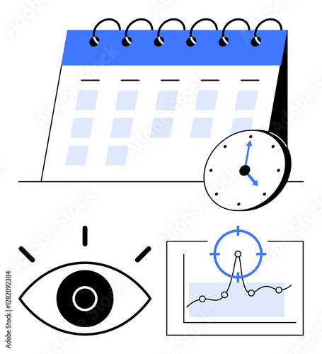 Calendar with circled dates, clock for time tracking, analytical graph for performance insights, and eye representing focus and monitoring. Ideal for time management, productivity, planning, tracking