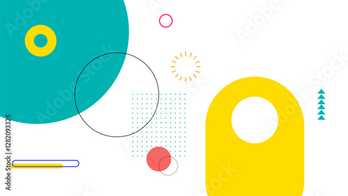 Vibrant abstract background with various geometric elements such as circles, dots, and lines in bright colors. Modern, dynamic, and trendy composition perfect for digital and print designs.