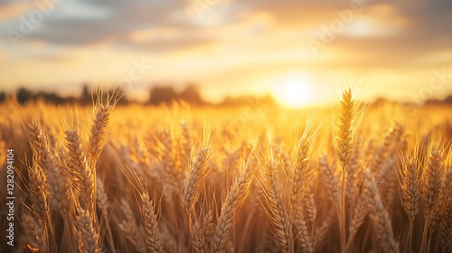 Scenic wheat field with sun rays. Lush wheat stalks swaying under golden sky. Represents organic farming, nature’s beauty and rural landscapes. Suitable for agriculture and food-related designs