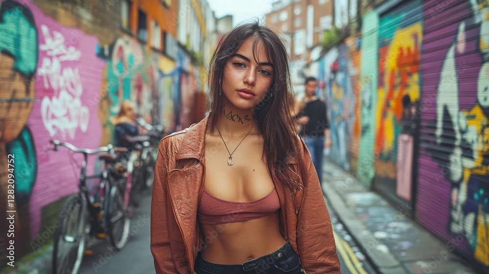 Naklejka premium A young woman in a brown jacket stands confidently in a vibrant urban alley with colorful graffiti and bicycles in the background.