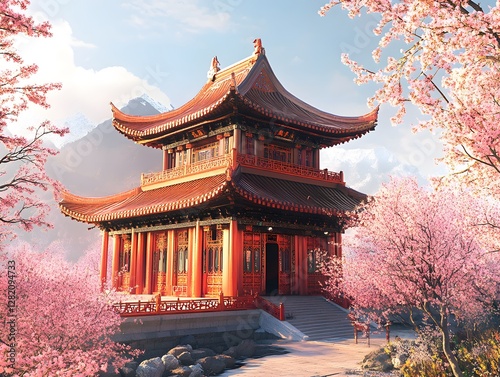 A traditional Chinese temple surrounded by blossoming cherry trees