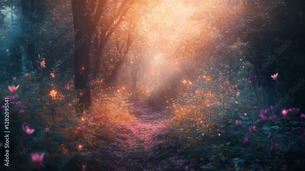 Serene forest pathway illuminated by soft sunlight during dawn Serene forest pathway illuminated by soft sunlight during dawn