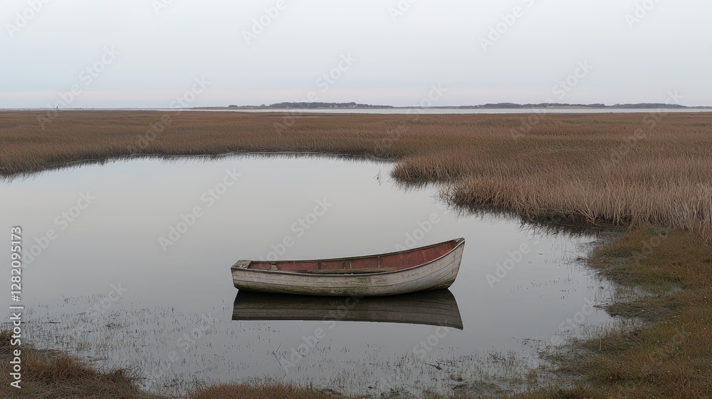Lonely boat in calm marsh water, coastal landscape, serene sunset Lonely boat in calm marsh water, coastal landscape, serene sunset