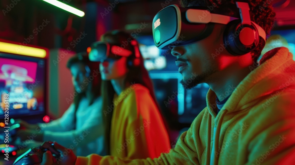 People Enjoying Virtual Reality Gaming with Headsets in a Colorful Gaming Space People Enjoying Virtual Reality Gaming with Headsets in a Colorful Gaming Space
