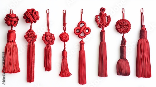 Red Chinese knots, tassels, white background, decoration, celebration