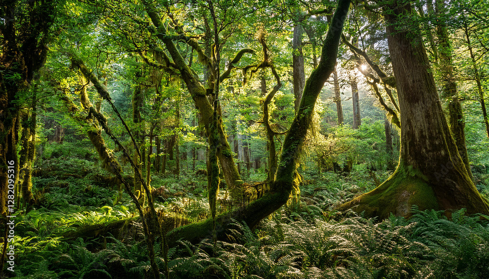 Fototapeta premium a serene green forest with lush vegetation and towering ancient trees bathed in dappled sunlight