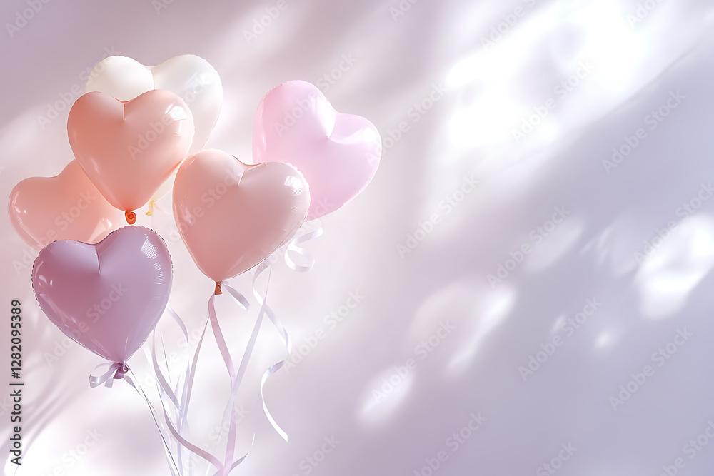 Beautiful heart shaped balloons in pastel colors floating in the air. Beautiful heart shaped balloons in pastel colors floating in the air.