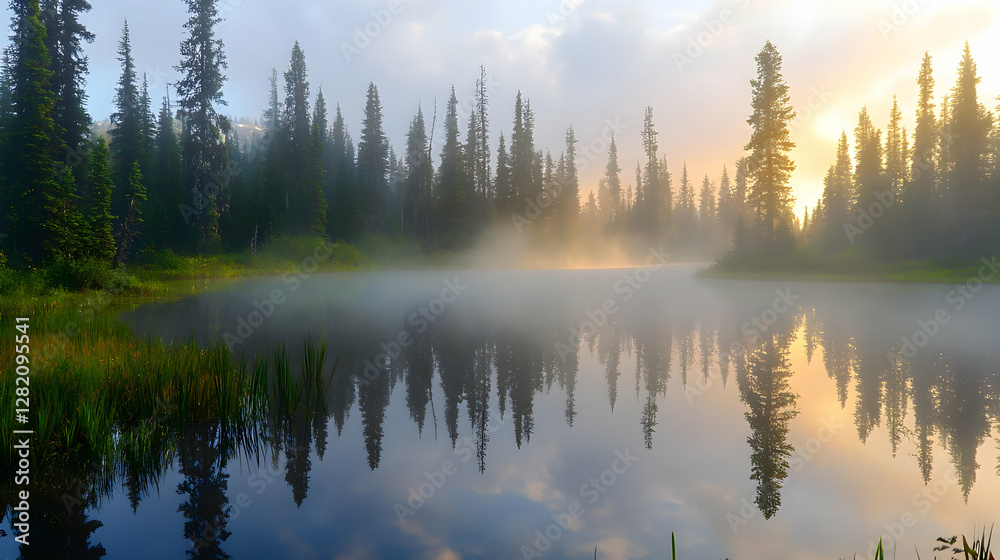 A foggy forest with towering pines and a reflective pond under diffused daylight A foggy forest with towering pines and a reflective pond under diffused daylight