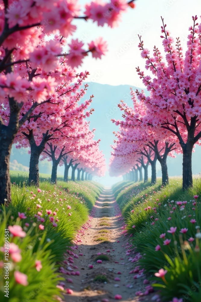 Naklejka premium White haze envelops blooming almond trees as they disappear into the distance, bloom, springtime