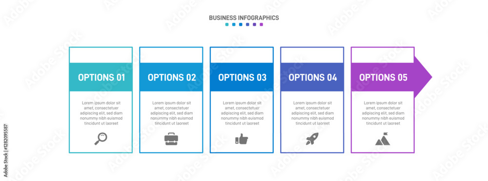 Horizontal progress bar featuring 5 arrow-shaped elements, symbolizing the five stages of business strategy and progression. Clean timeline infographic design template. Vector for presentation Horizontal progress bar featuring 5 arrow-shaped elements, symbolizing the five stages of business strategy and progression. Clean timeline infographic design template. Vector for presentation