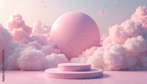 Pink podium platform with pastel clouds. Sky background with geometric sphere cylinder. Abstract scene with modern minimal design for product showcase presentation, beauty blogging backdrop.