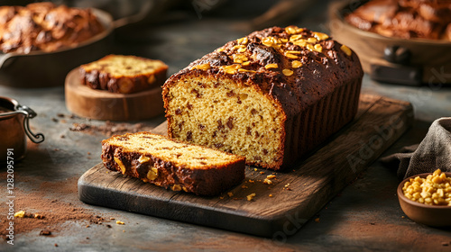A freshly sliced gluten-free loaf rests on a wooden board, showcasing its soft interior and golden crust, with other baked goods nearby
