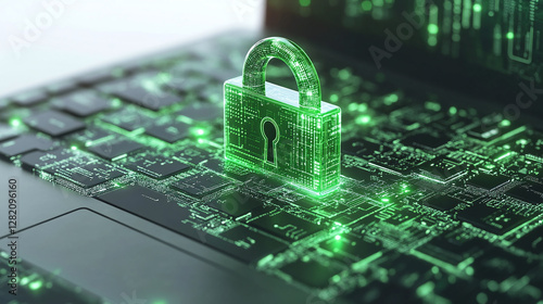 Laptop with green digital padlock as a concept for cyber security and data protection isolated on a white background .