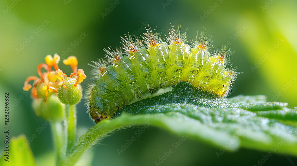 Macro of a green swallowtail caterpillar sitting on a plant in a field on a sunny summer day. Macro of a green swallowtail caterpillar sitting on a plant in a field on a sunny summer day.