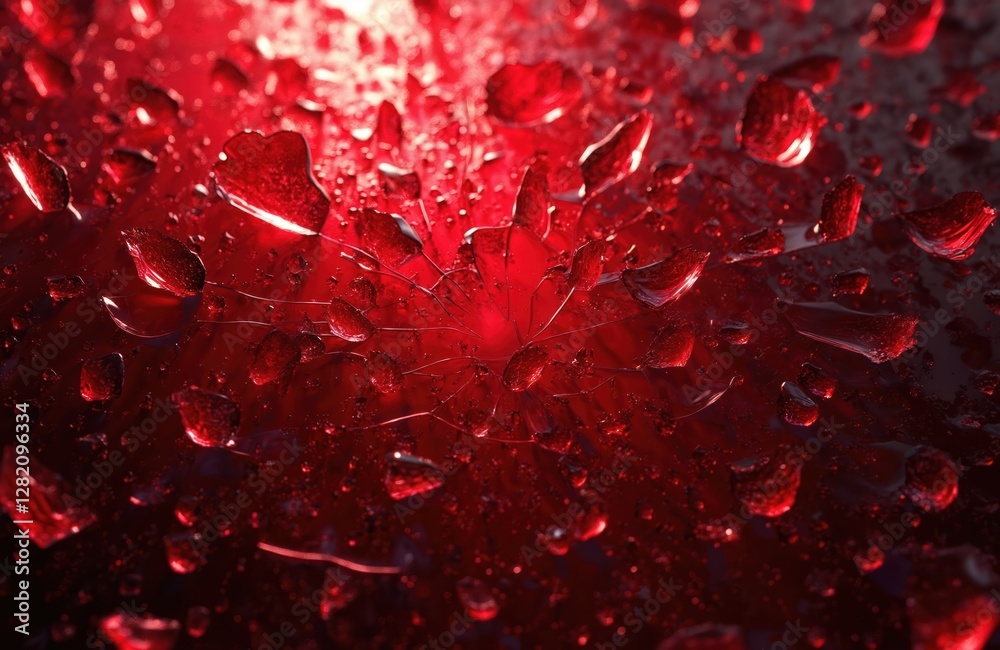 Abstract red shattered glass background. Chaotic, messy, intricate crimson pattern for wallpaper. Smashed pieces, shards symbolize crash, destruction, danger, accident. Scarlet vermilion drops as Abstract red shattered glass background. Chaotic, messy, intricate crimson pattern for wallpaper. Smashed pieces, shards symbolize crash, destruction, danger, accident. Scarlet vermilion drops as