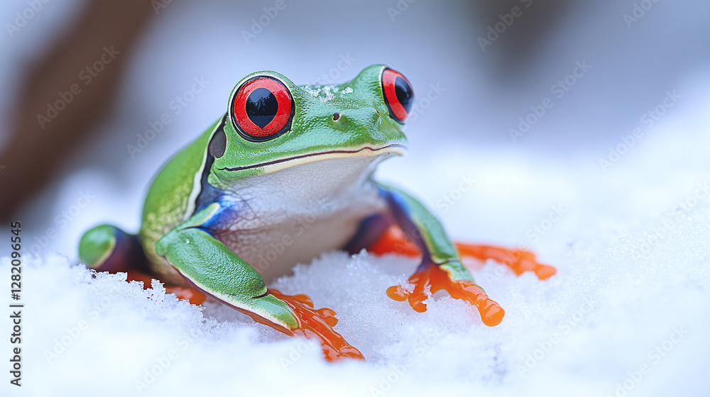 Obraz premium Macro of a redeyed tree frog sitting in the snow.