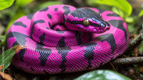 Macro shot of a magenta python snake in the jungle.
