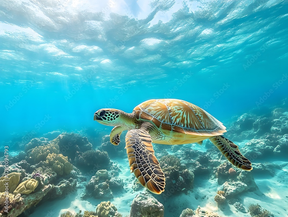 Obraz premium A turtle swimming calmly in the clear waters of a coral reef