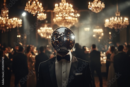 A surreal scene featuring a businessman with a disco ball for a head, dressed in formal attire and attending an elegant gala event, blending whimsy with sophistication.

