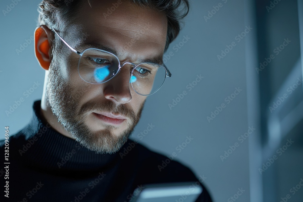 Obraz premium A man with glasses and a beard intently reads a smartphone screen in low light.