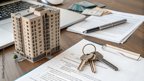A real estate transaction concept featuring a miniature apartment building, house keys, and signed documents on a wooden desk. Business, mortgage, property investment, and financial planning theme. photo
