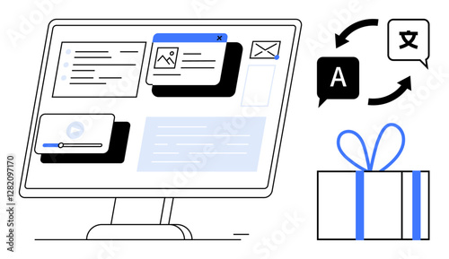 Computer displaying various online content including email, images, and videos. Translation icons and a gift box present. Ideal for online business, communication, marketing, e-learning, multilingual