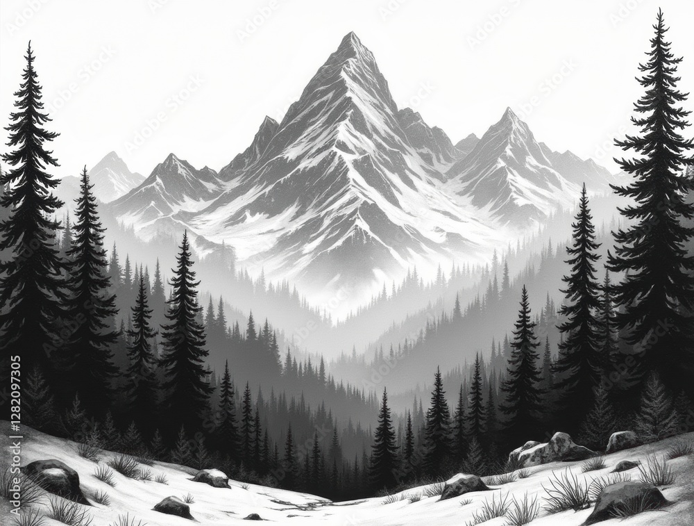 Fototapeta premium majestic mountain landscape with a dense pine forest in the foreground sketch engraving generative ai fictional character raster illustration. Scratch board imitation. Black and white image.