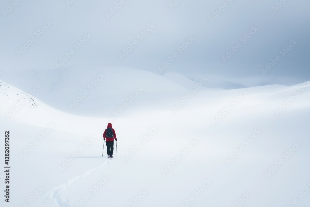 A lone snowshoer trekking through a vast, snow-blanketed wilderness. A lone snowshoer trekking through a vast, snow-blanketed wilderness.
