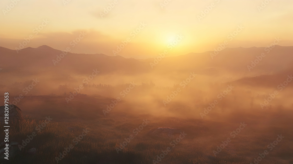 A hazy sunrise over distant hills with warm light filtering through morning fog A hazy sunrise over distant hills with warm light filtering through morning fog