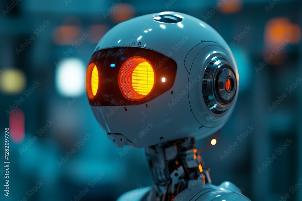 Robot with glowing orange eyes stands in a futuristic environment surrounded by blue lights Robot with glowing orange eyes stands in a futuristic environment surrounded by blue lights