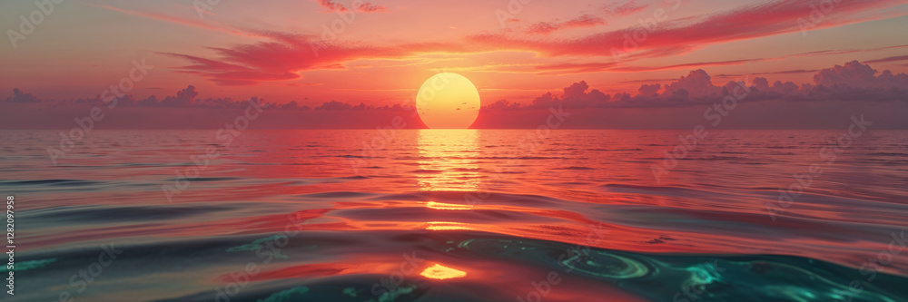 Romantic Sunset – Red Sun Over Sea, Fiery Skies, Tranquil Ocean Waves, and Dramatic Evening Light | Breathtaking Seascape, Vibrant Coastal Landscape, Serene Beach, High-Resolution Nature Photography, 