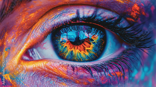 Closeup of a human eye, colourful pattern in the iris.