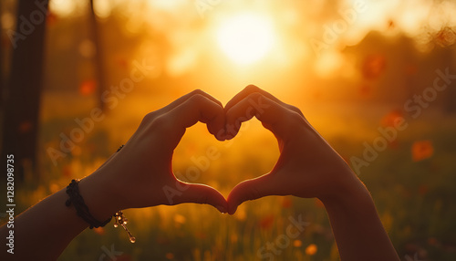Two hands forming a heart shape, love expression, sunset background, warm colors, copy space