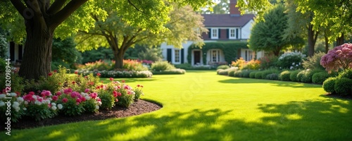 Scenic view of English style garden with freshly mowed lawn, flower bed and leafy trees. The British parkland features formal design, green grass, landscaping around house in summer.