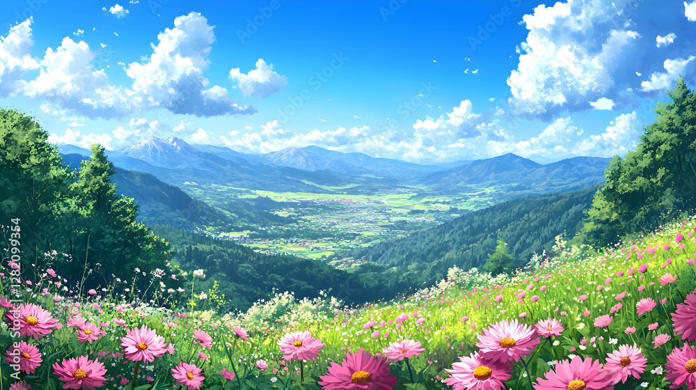 A scenic view of a lush meadow filled with wild coneflowers, their pink petals contrasting with green foliage