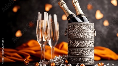 Elegant champagne display with flutes in a decorative cooler, surrounded by festive decorations photo