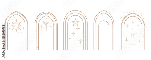 Flat linear icons set of five archways with stars and sparkles.