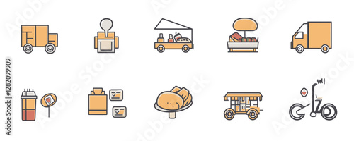Flat food truck and street food icons set in linear style.