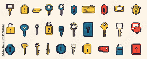 Flat linear icons set of various keys and locks in vector style.