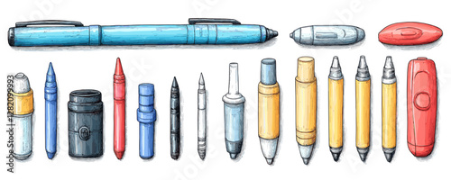 Flat icons set of various pen designs in linear style.