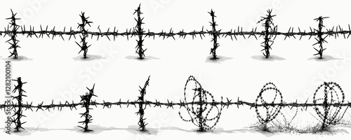 Flat barbed wire icons set in linear style for security and border concepts.
