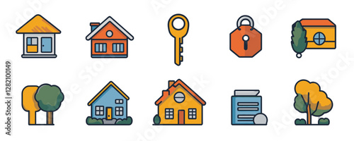 Flat home and real estate icons set vector with linear style details.